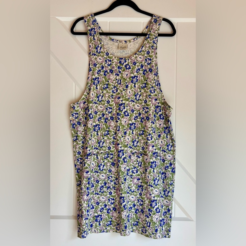 Vintage Varsity Sport Floral Cotton Pinafore Jumper Dress Cottagecore USA M